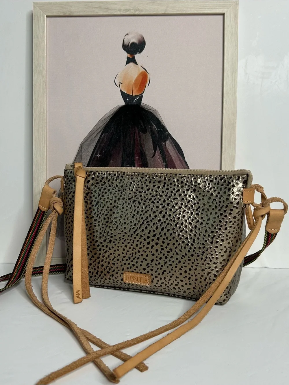 Consuela Metallic Gold Leopard-Print Crossbody with Tan Strap